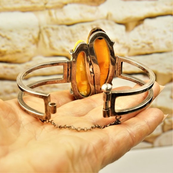 SUPER RARE MODERNIST AMBER STERLING BRACELET, HEAVY HINGED BANGLE 7" - Picture 4 of 11
